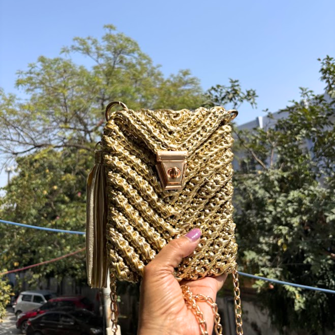 Shiroli Handmade Metallic Gold  - Mobile Sling Crochet Bag - Image 2