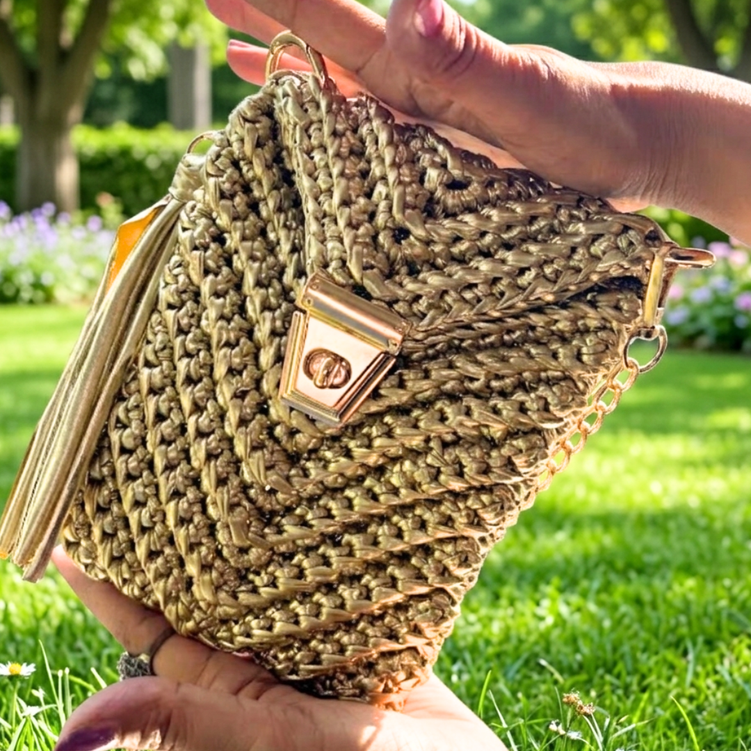 Shiroli Handmade Metallic Gold  - Mobile Sling Crochet Bag - Image 6