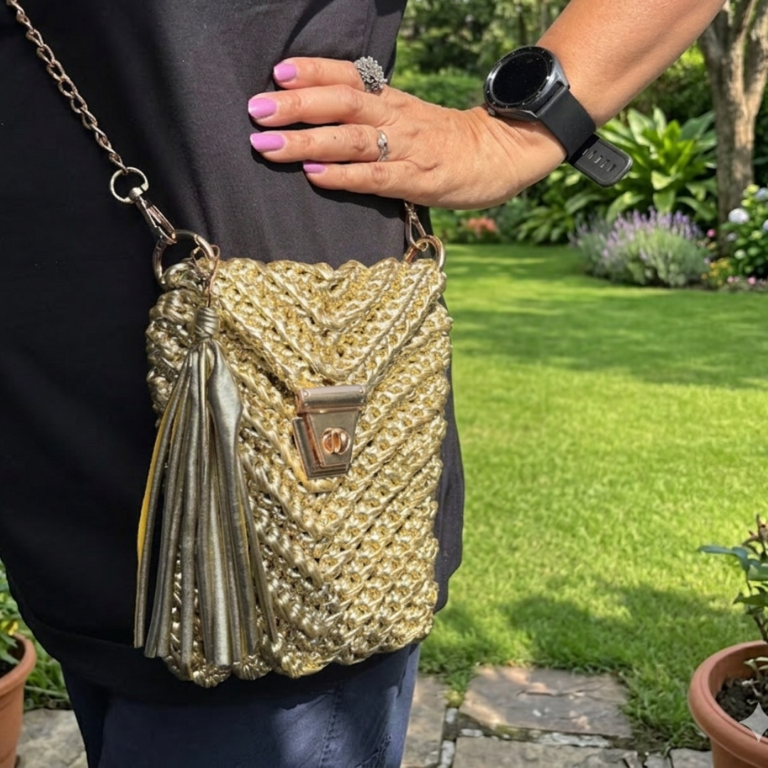 Shiroli Handmade Metallic Gold  - Mobile Sling Crochet Bag - Image 7