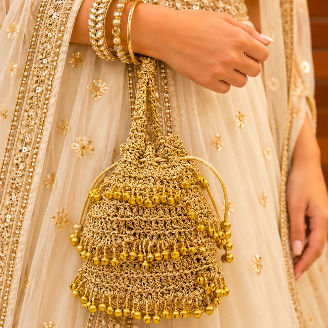 Shiroli Handmade Metallic Gold - Noor Ghungroo Potli Crochet Bag - Image 4