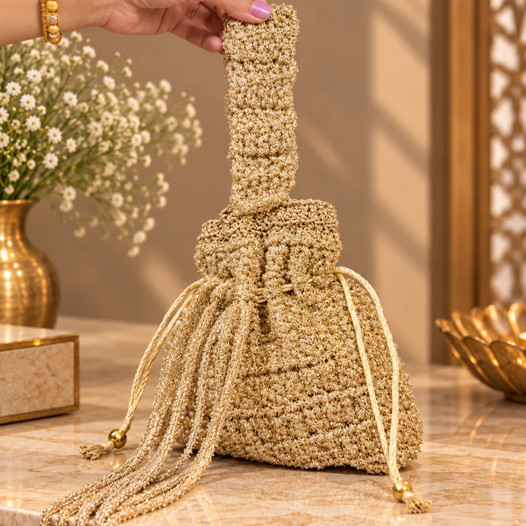 Shiroli Handmade Metallic Gold - Shimmer Potli Crochet Bag - Image 1