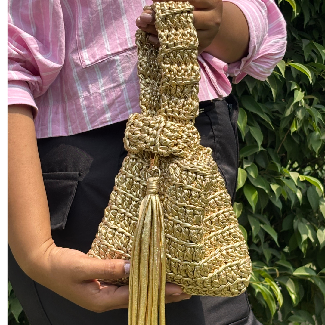 Shiroli Handmade Metallic Gold Japanese Knot Crochet Bag-Image1