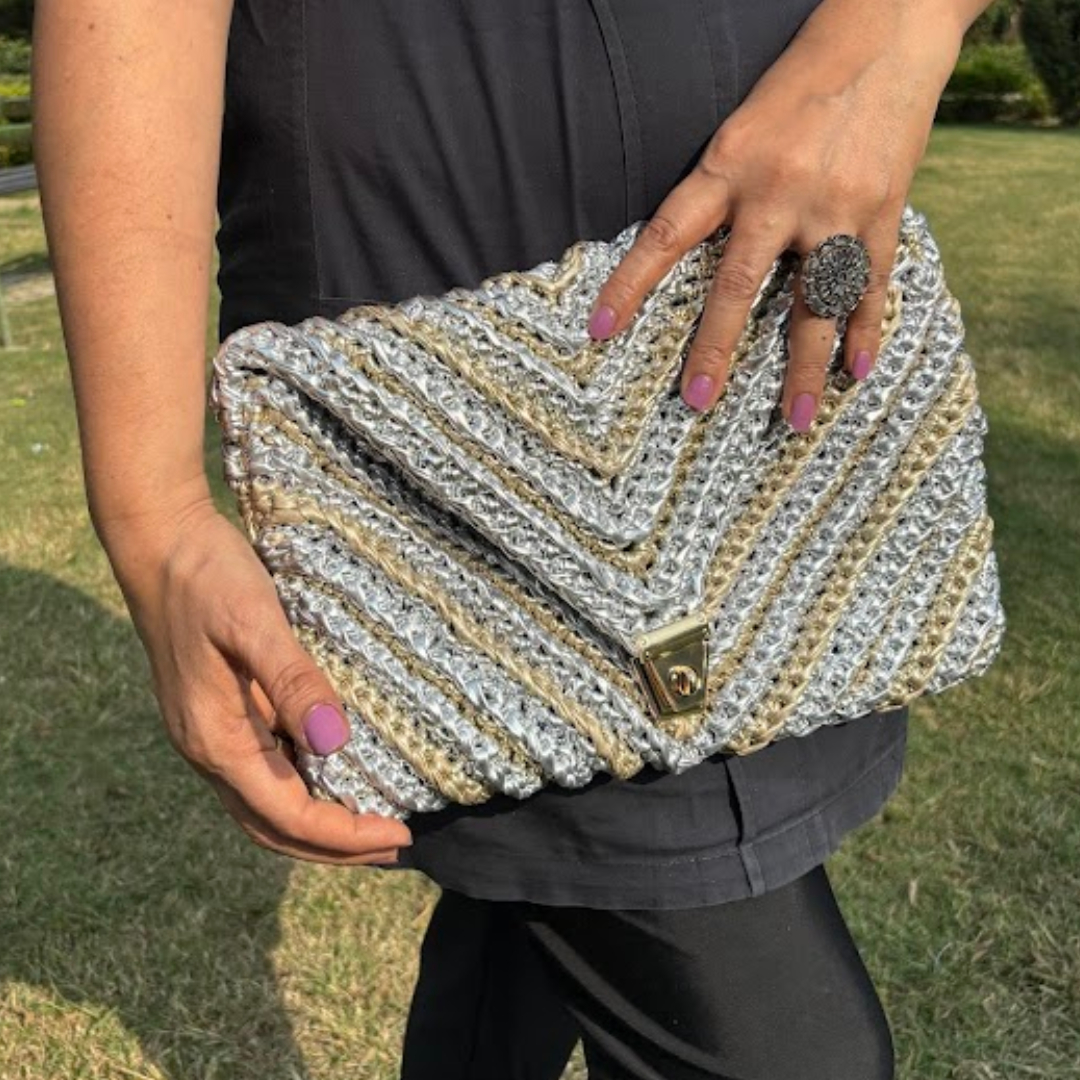 Shiroli Handmade Metallic Gold & Silver - Envelope Braided Crochet Bag- Image 5
