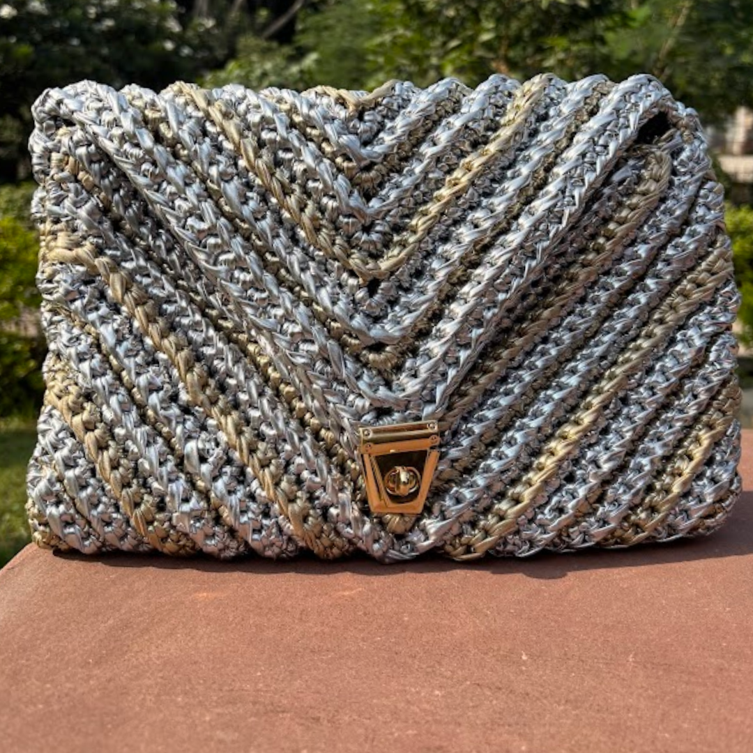 Shiroli Handmade Metallic Gold & Silver - Envelope Braided Crochet Bag- Image 3