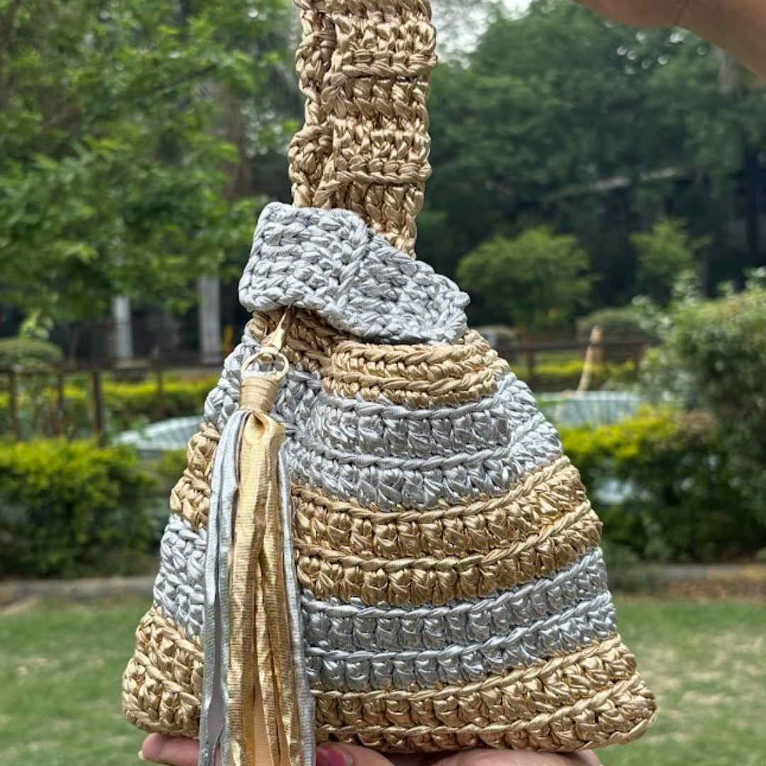 Shiroli Handmade Metallic Gold & Silver - Japanese Knot Bag - Image 3