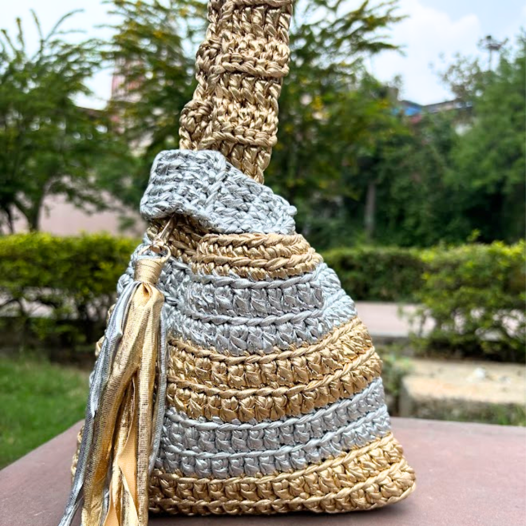 Shiroli Handmade Metallic Gold & Silver - Japanese Knot Bag - Image 5