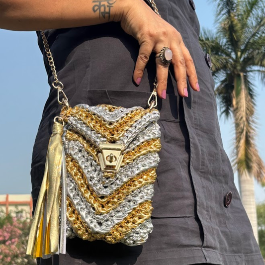 Shiroli Handmade Metallic Gold & Silver -  Mobile Sling Crochet Bag- Image 1