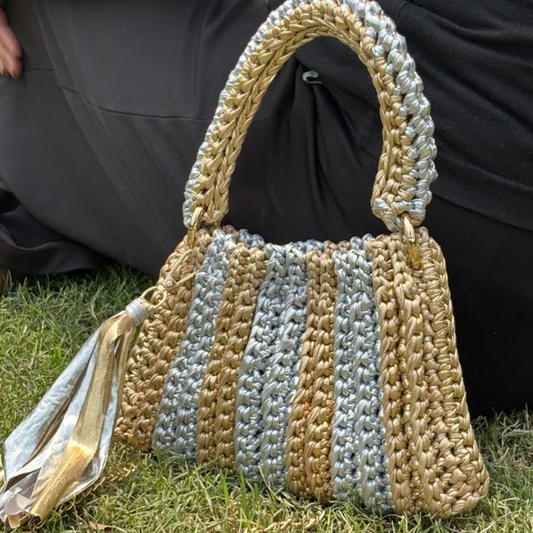Shiroli Handmade Metallic Gold  & Silver - Trapezoid Crochet Bag - Image 1
