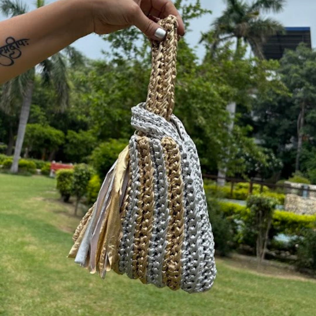 Shiroli Handmade Metallic Gold & Silver Lines- Japanese Knot Crochet Bag - Image 2