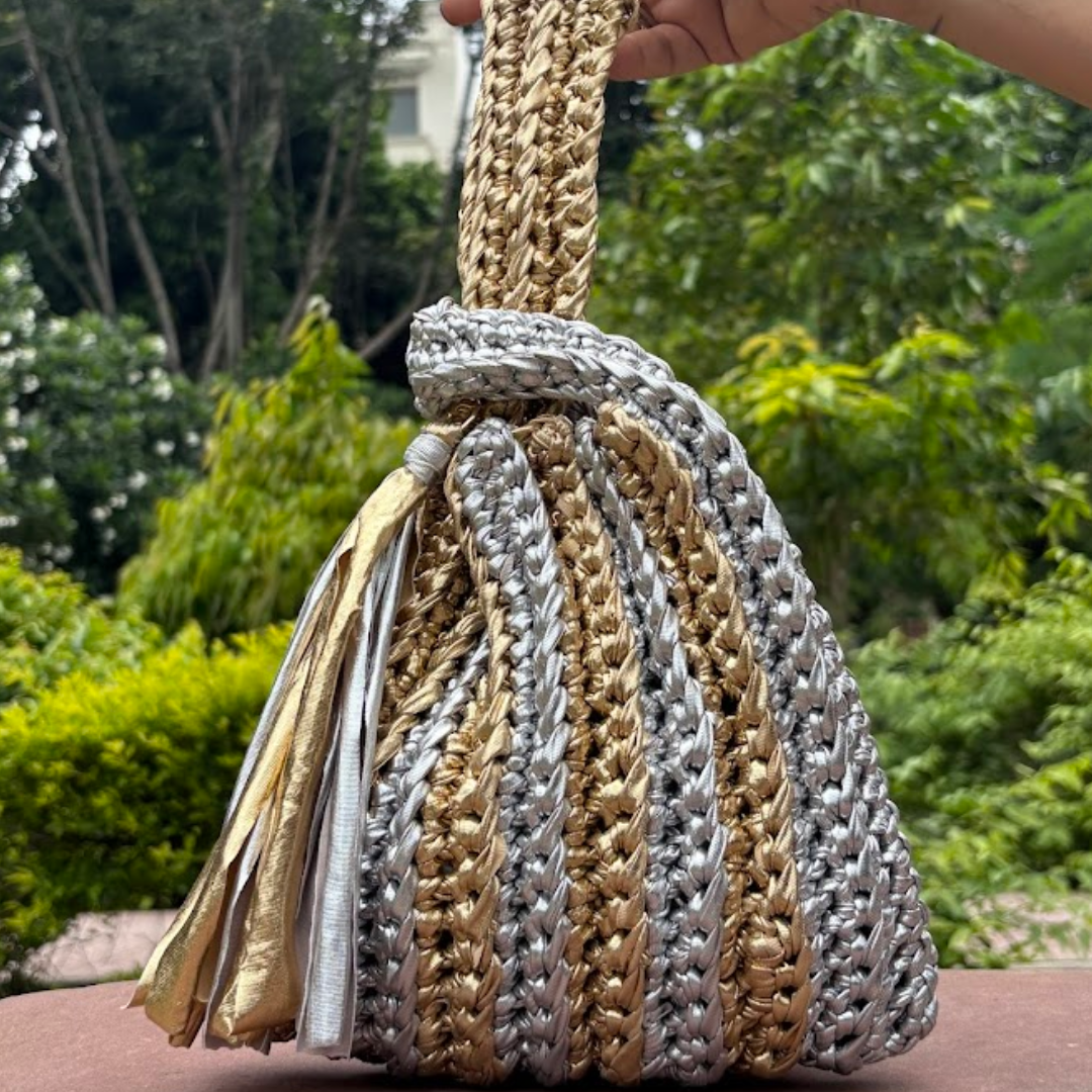 Shiroli Handmade Metallic Gold & Silver Lines- Japanese Knot Crochet Bag - Image 4