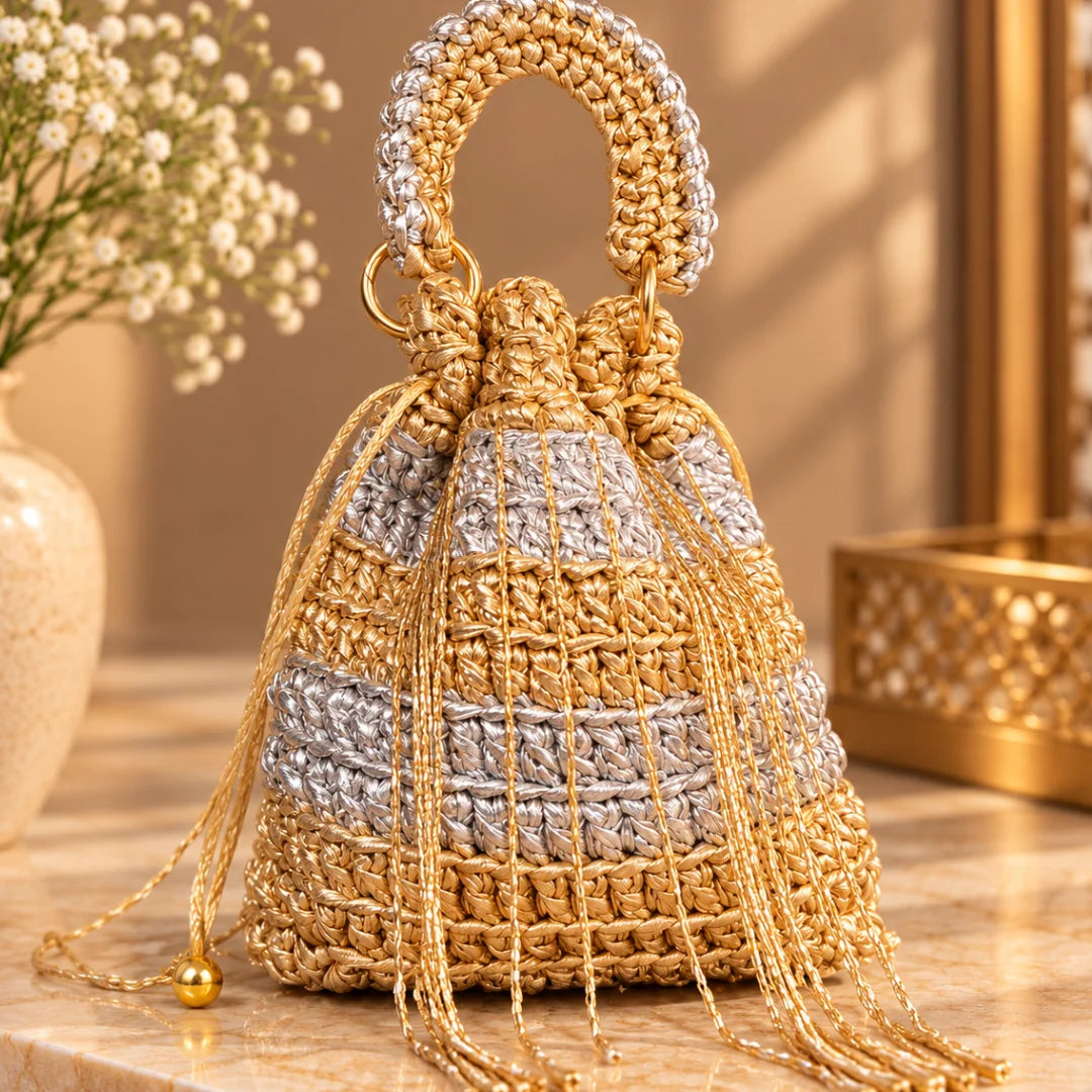 Shiroli Handmade Metallic Gold & Silver – Chandni Potli Crochet Bag - Image 2