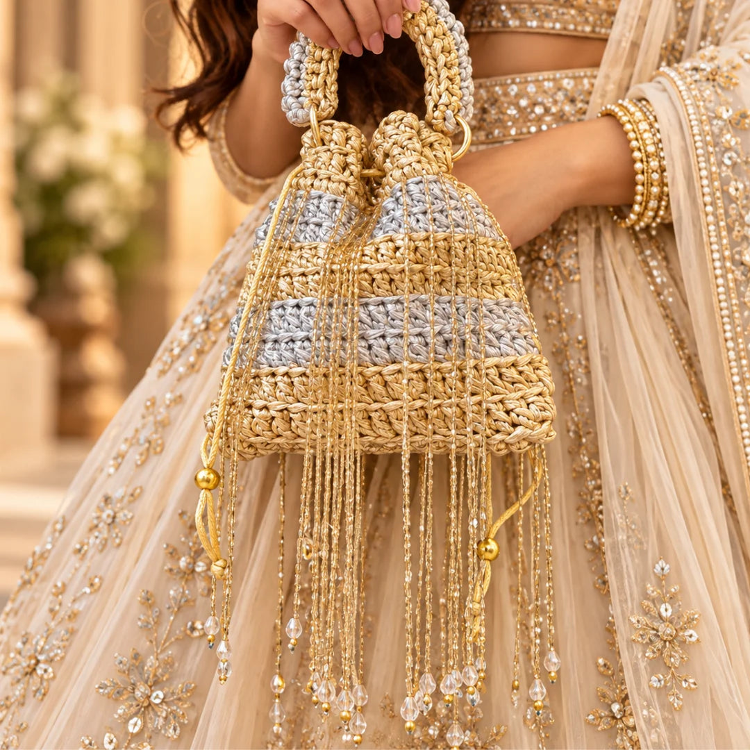 Shiroli Handmade Metallic Gold & Silver – Chandni Potli Crochet Bag - Image 5