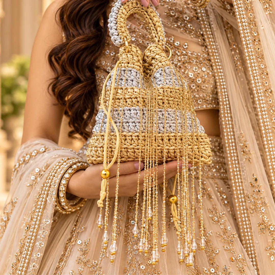 Shiroli Handmade Metallic Gold & Silver – Chandni Potli Crochet Bag - Image 1