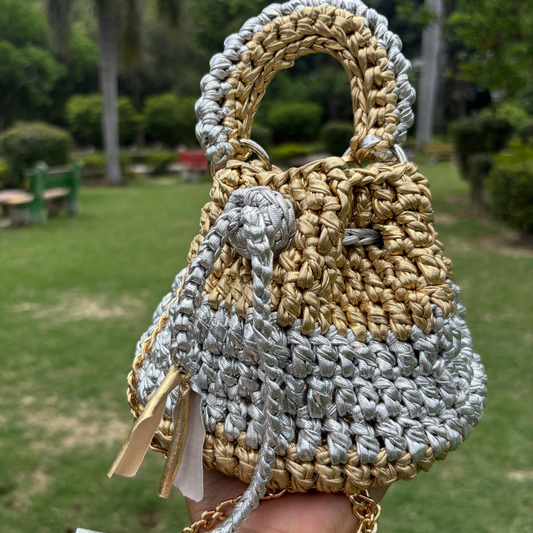 Shiroli Handmade Metallic Gold and Silver-  Potli Crochet Bag - Image 2