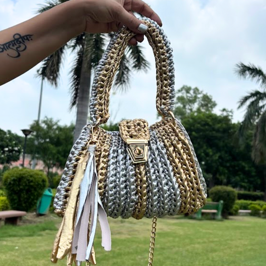 Shiroli Handmade Metallic Gold n Silver - Trapezoid Crochet Bag With Golden Lock- Image 1