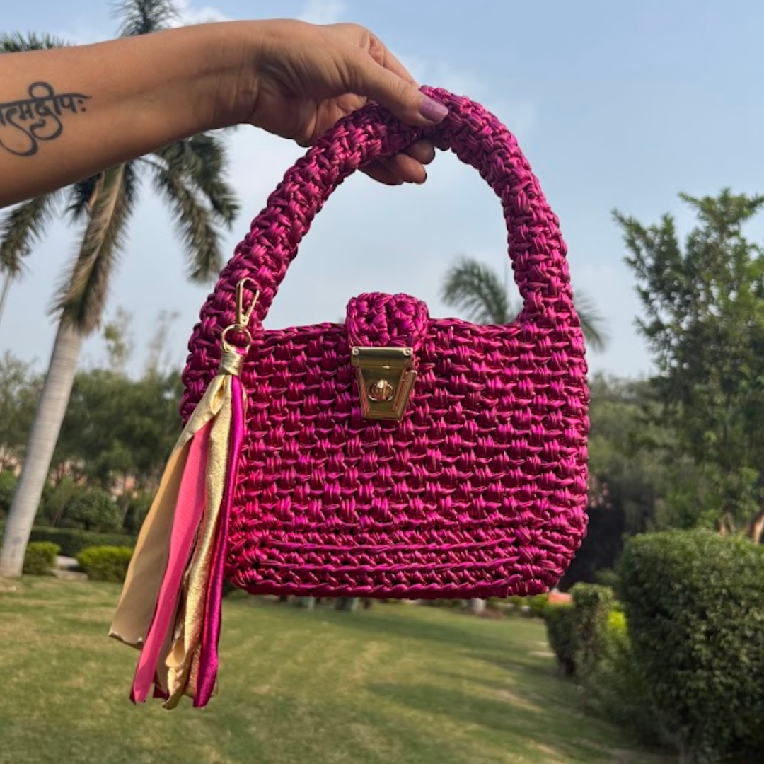 Shiroli Handmade Metallic Hot Pink- Top Handle Satchel Crochet Bag- Image 1