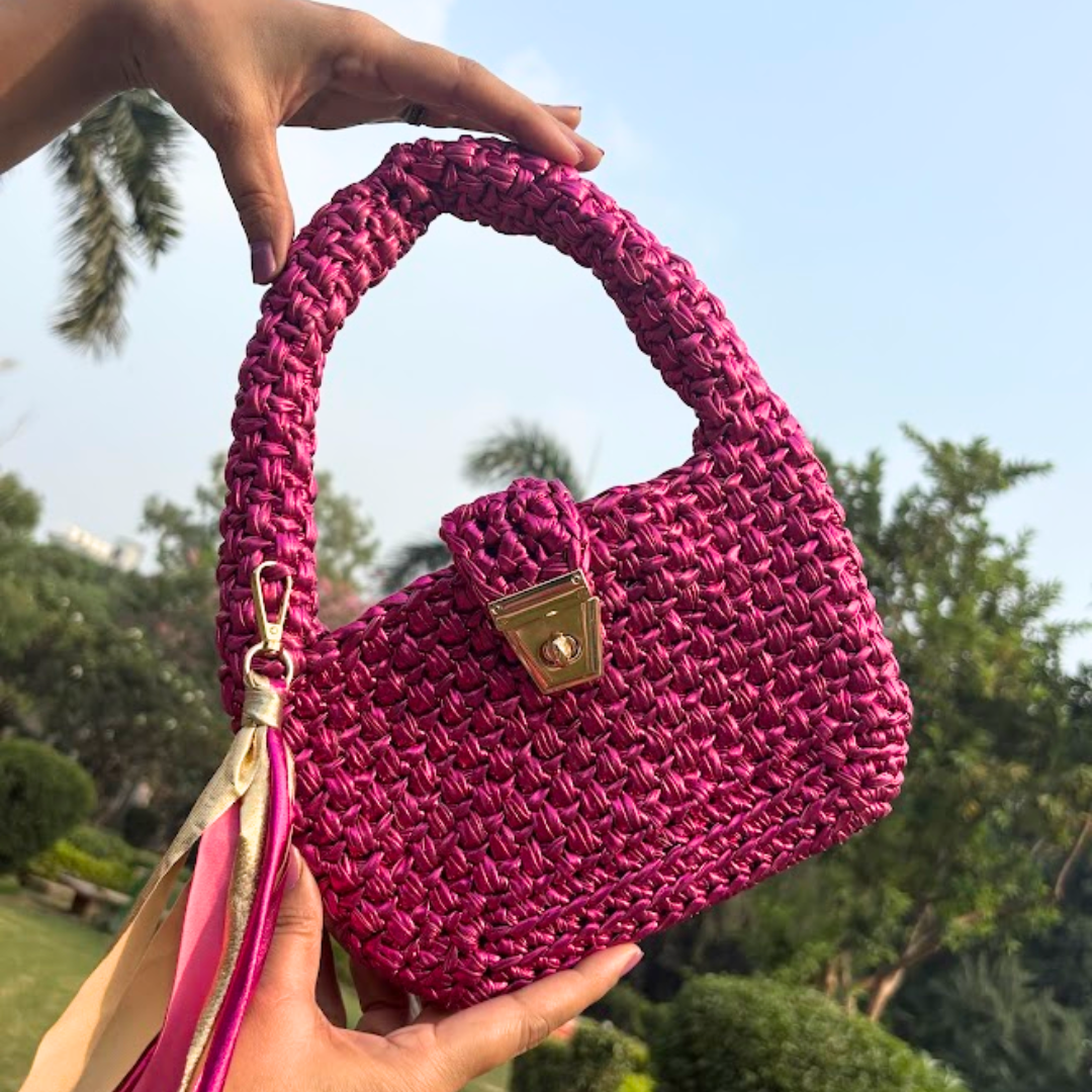Shiroli Handmade Metallic Hot Pink- Top Handle Satchel Crochet Bag- Image 2