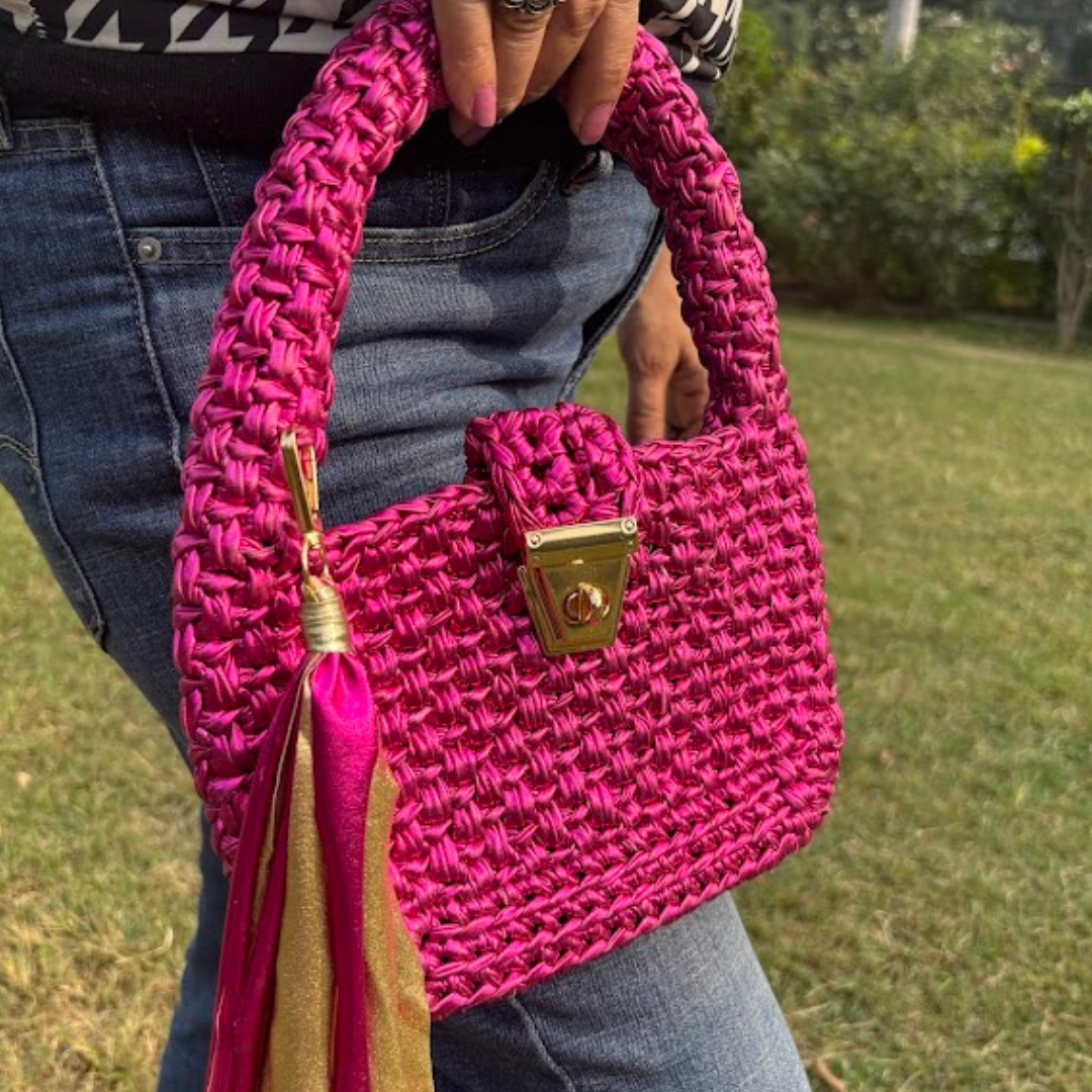 Shiroli Handmade Metallic Hot Pink- Top Handle Satchel Crochet Bag- Image 5