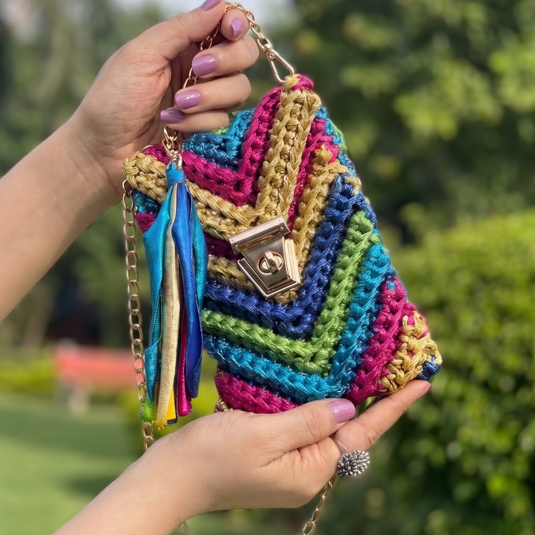 Shiroli Handmade Metallic Particolored - Mobile Sling Crochet Bag- Image 2