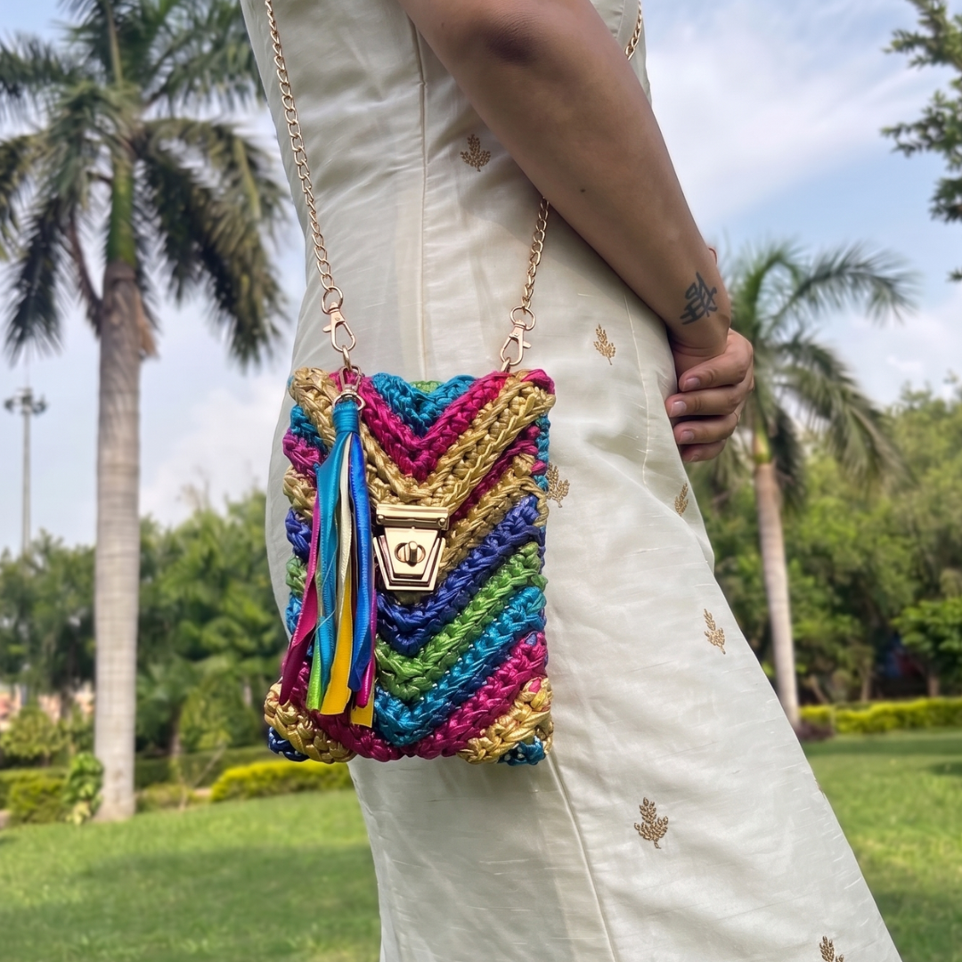 Shiroli Handmade Metallic Particolored - Mobile Sling Crochet Bag- Image 3