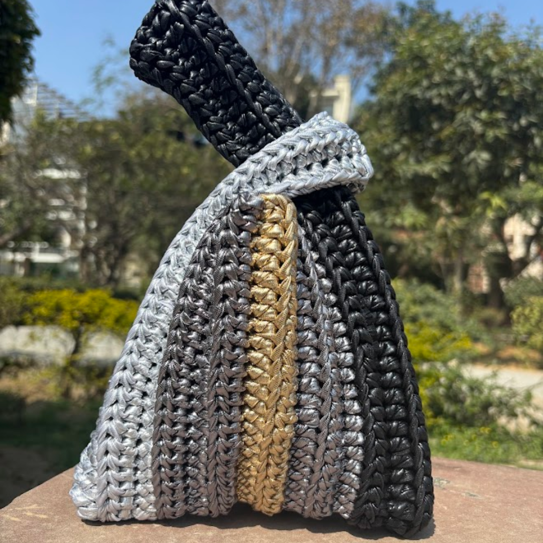 Shiroli Handmade Metallic Platinum Muse - Japanese Knot Crochet Bag- Image 1