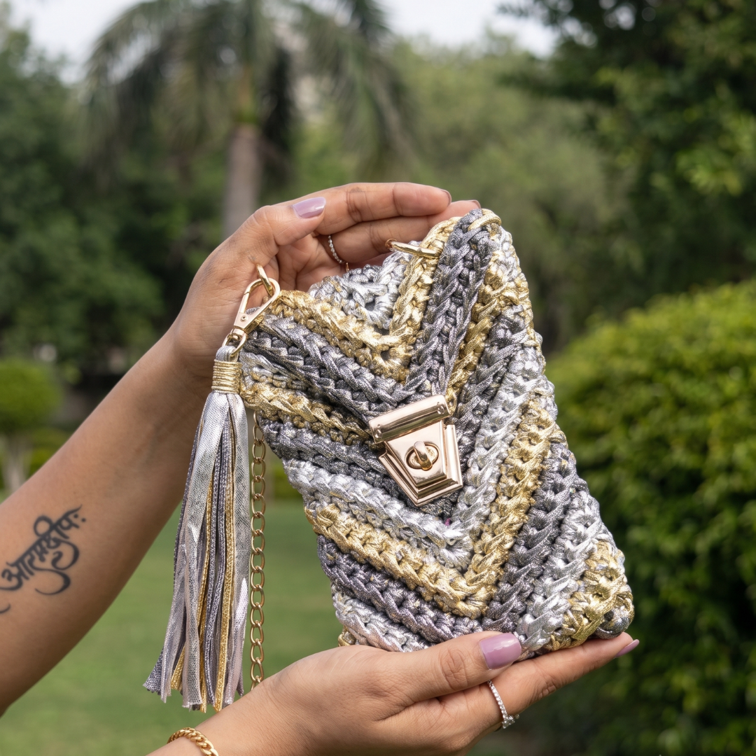 Shiroli Handmade Metallic Platinum Muse - Mobile Sling Crochet Bag - Image 4