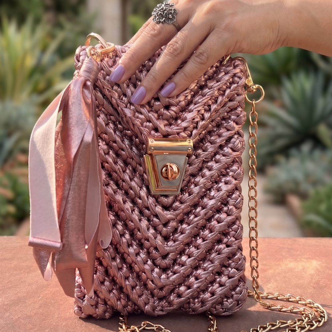 Shiroli Handmade Metallic Rose Gold- Mobile Sling Crochet Bag- Image4