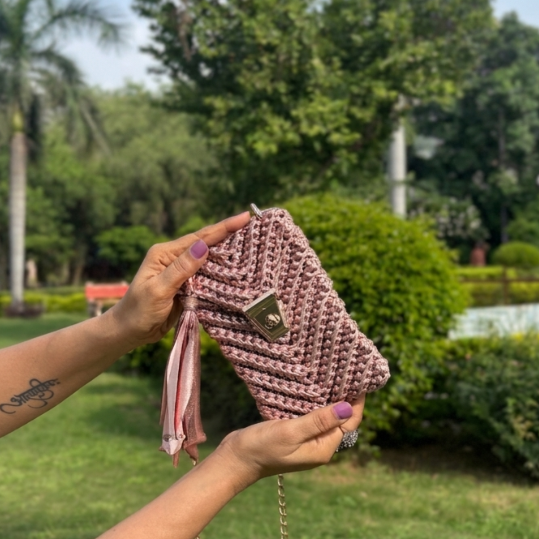 Shiroli Handmade Metallic Rose Gold- Mobile Sling Crochet Bag- Image 3