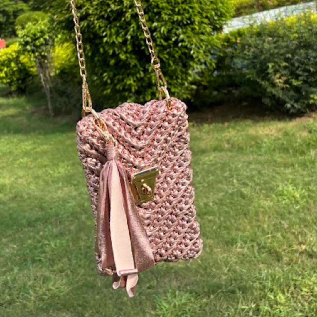 Shiroli Handmade Metallic Rose Gold- Mobile Sling Crochet Bag- Image 5