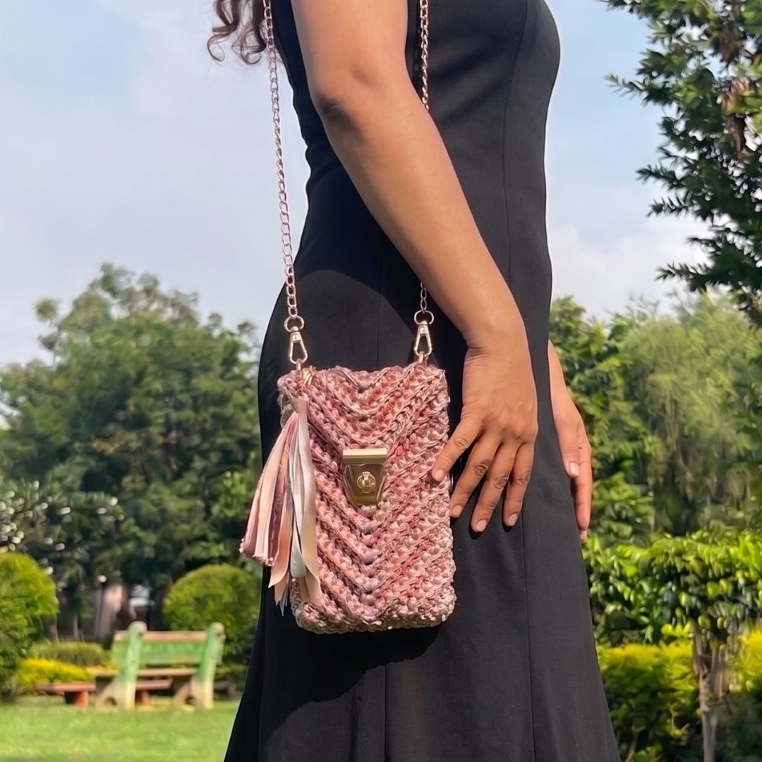 Shiroli Handmade Metallic Rose Gold- Mobile Sling Crochet Bag- Image 1