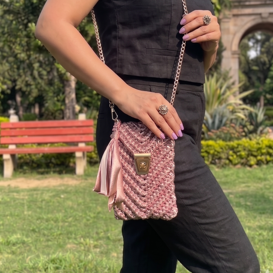 Shiroli Handmade Metallic Rose Gold- Mobile Sling Crochet Bag- Image 2