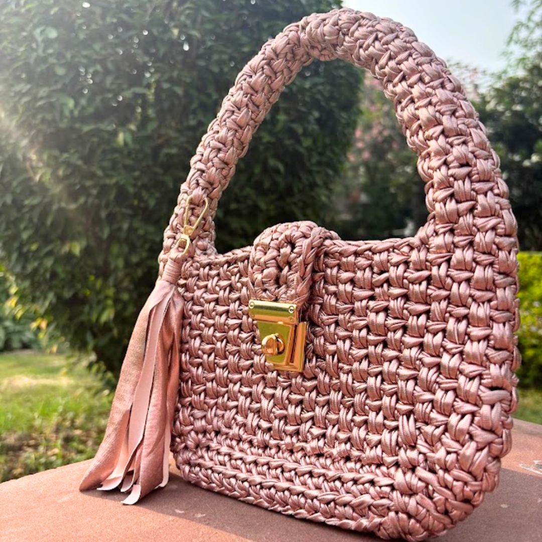 Shiroli Handmade Metallic Rose Gold- Top Handle Satchel Crochet Bag - Image 4