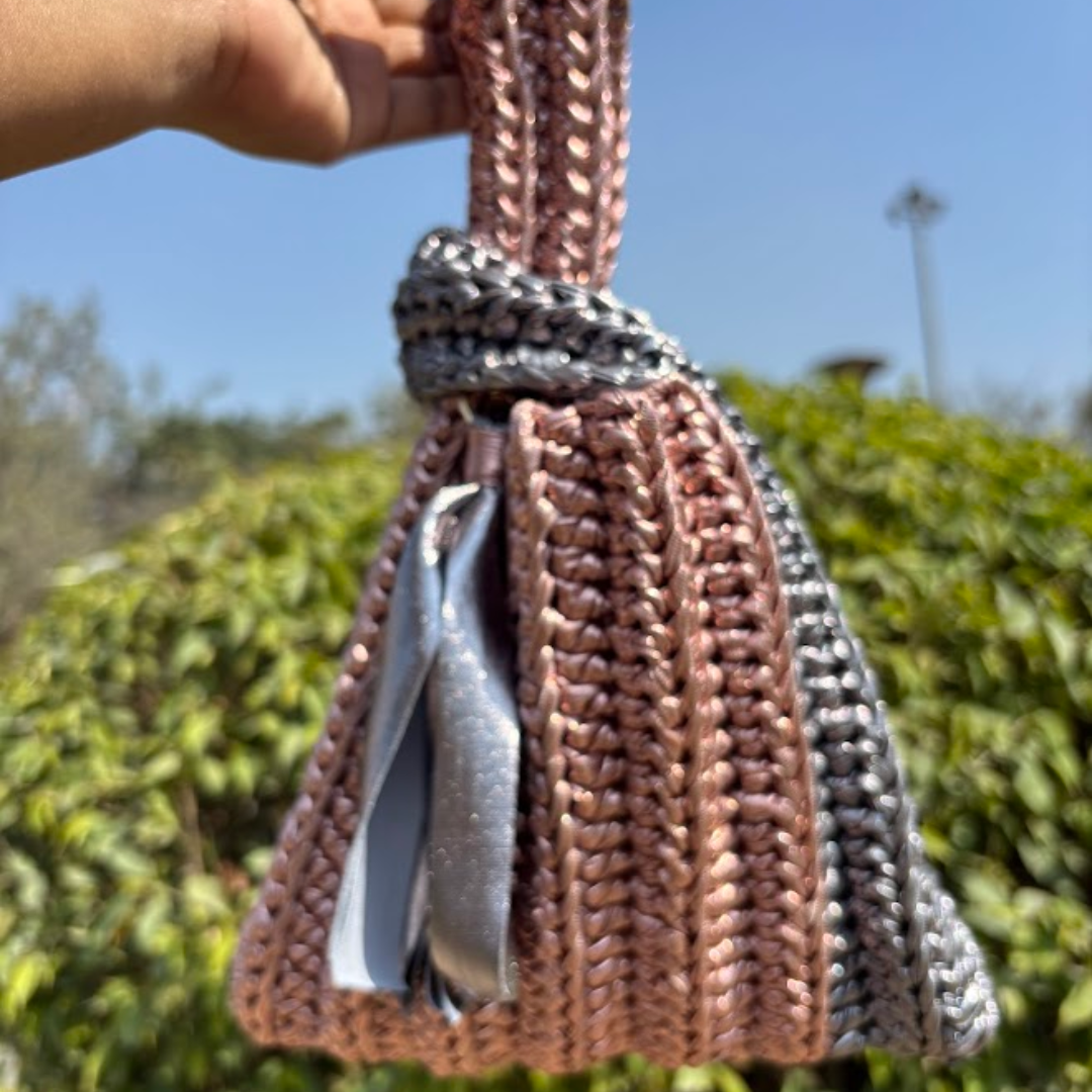 Shiroli Handmade Metallic Rose Gold & Grey Combo - Japanese Knot Crochet Bag- Image 1