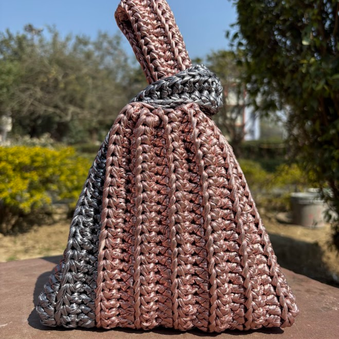 Shiroli Handmade Metallic Rose Gold & Grey Combo - Japanese Knot Crochet Bag- Image 2