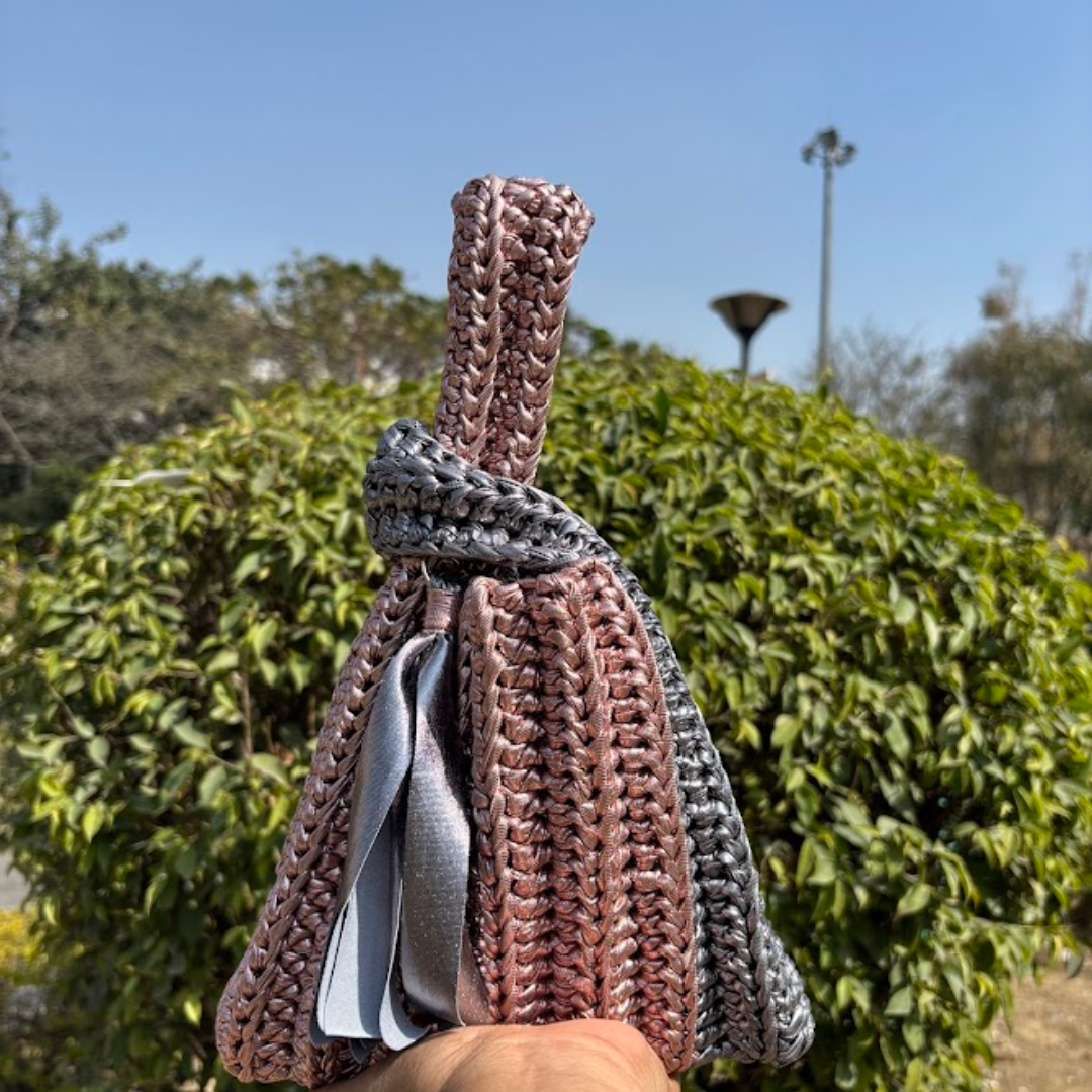 Shiroli Handmade Metallic Rose Gold & Grey Combo - Japanese Knot Crochet Bag- Image 3