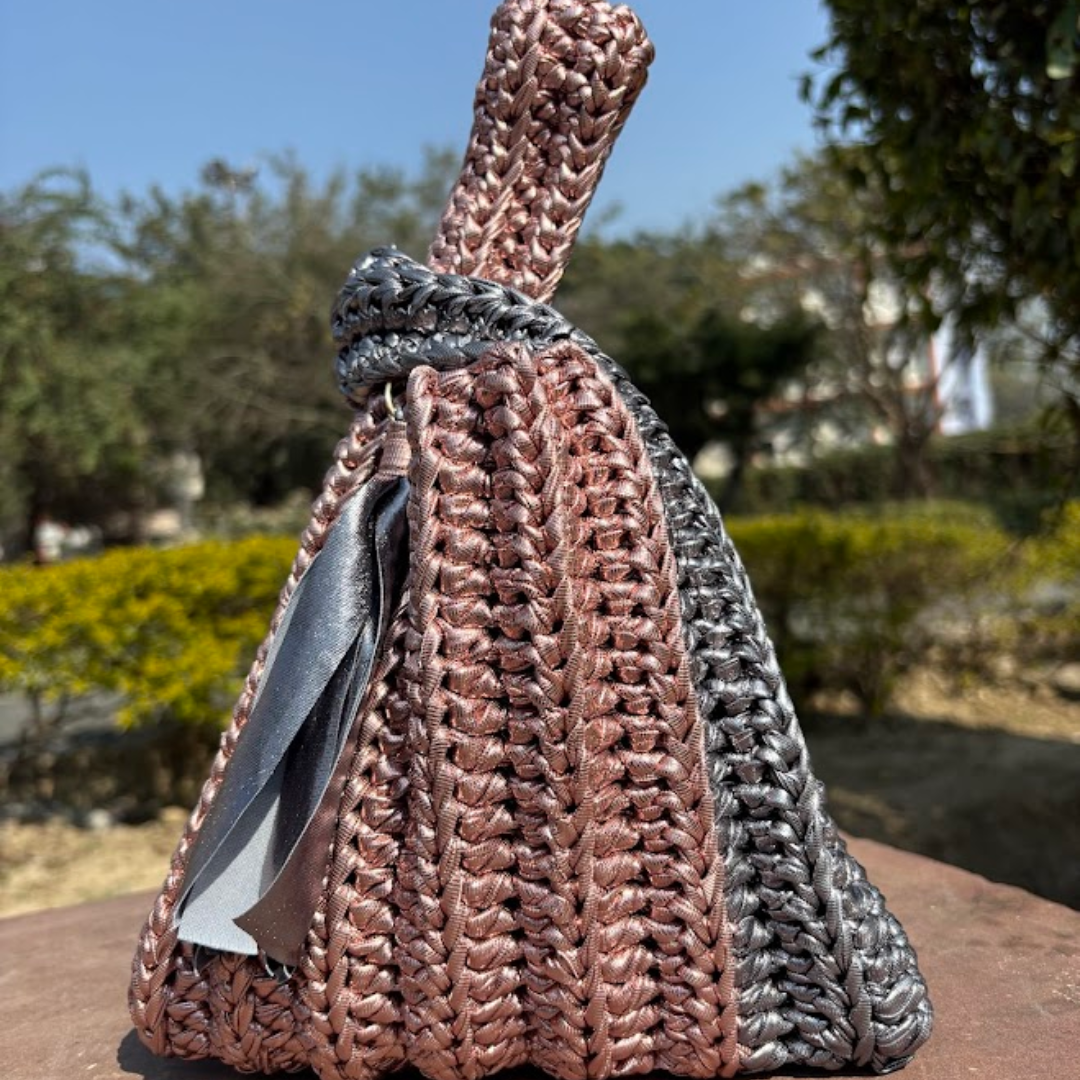 Shiroli Handmade Metallic Rose Gold & Grey Combo - Japanese Knot Crochet Bag- Image 4