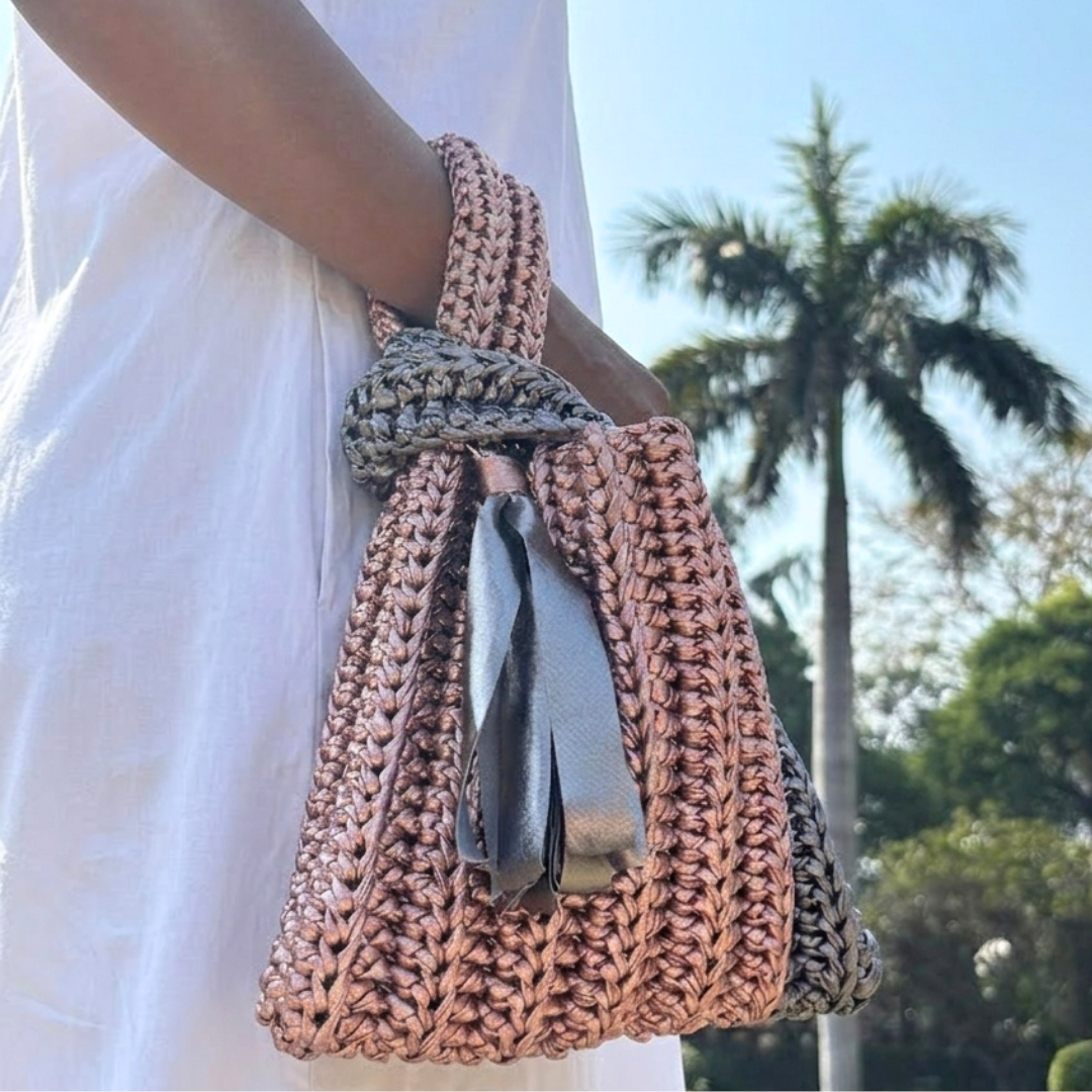 Shiroli Handmade Metallic Rose Gold & Grey Combo - Japanese Knot Crochet Bag- Image 5