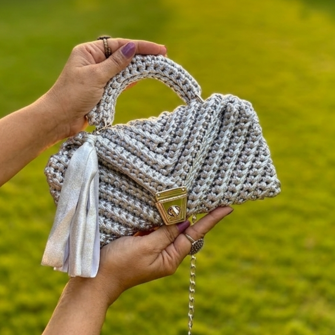 Shiroli Handmade Metallic Silver - Braided Crochet Bag- Image 1