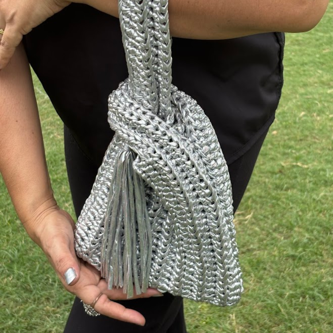 Shiroli Handmade Metallic Silver - Japanese Knot Crochet Bag- Image 3