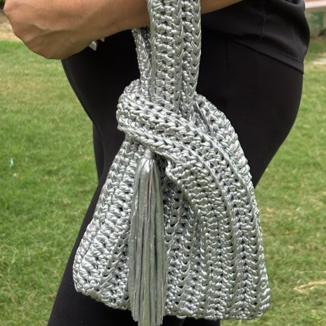 Shiroli Handmade Metallic Silver - Japanese Knot Crochet Bag- Image 1