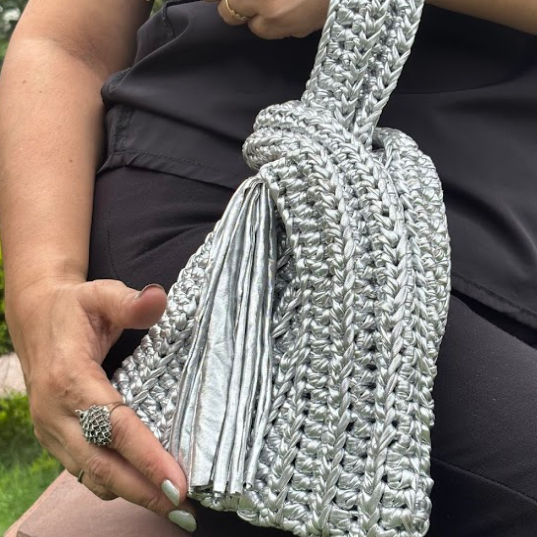 Shiroli Handmade Metallic Silver - Japanese Knot Crochet Bag- Image 4