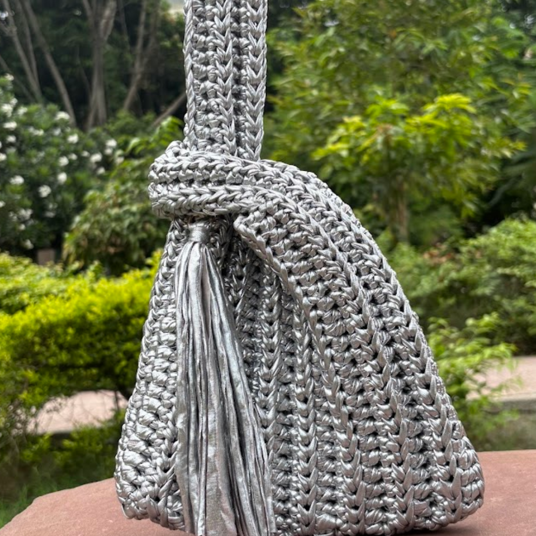 Shiroli Handmade Metallic Silver - Japanese Knot Crochet Bag- Image 5