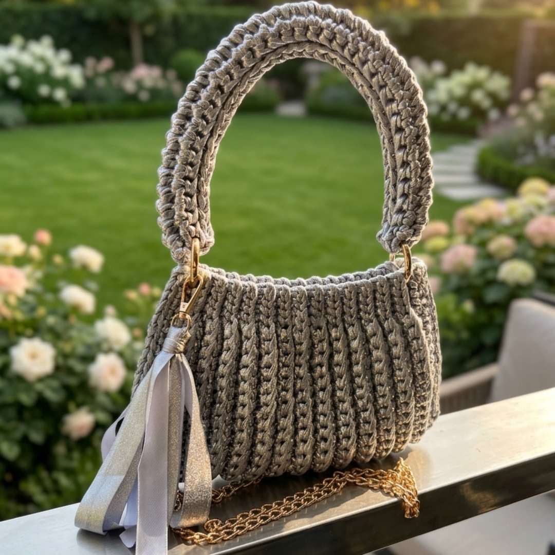 Shiroli Handmade Metallic Silver - Trapezoid Crochet Bag - Image 3