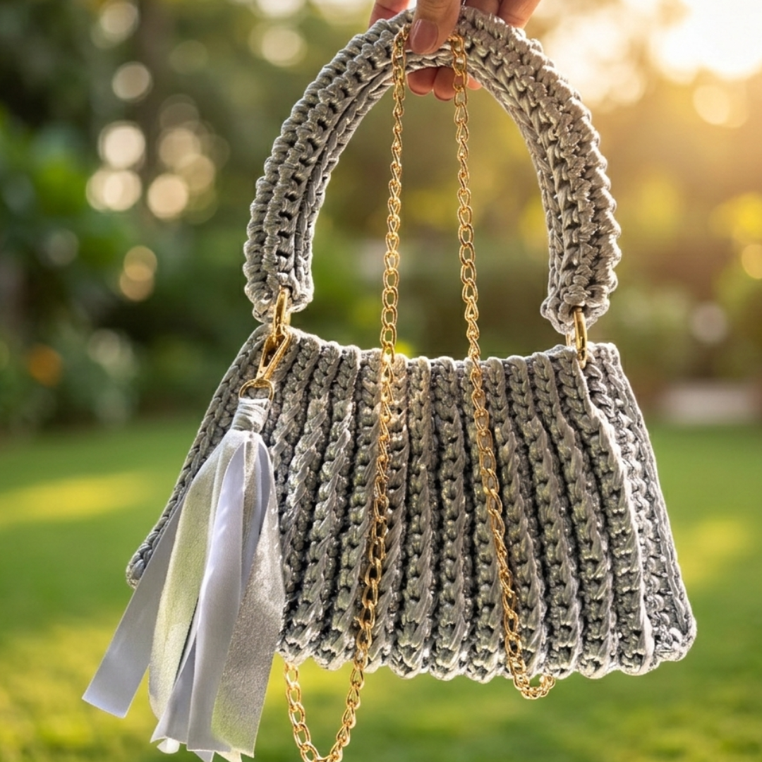 Shiroli Handmade Metallic Silver - Trapezoid Crochet Bag - Image 4