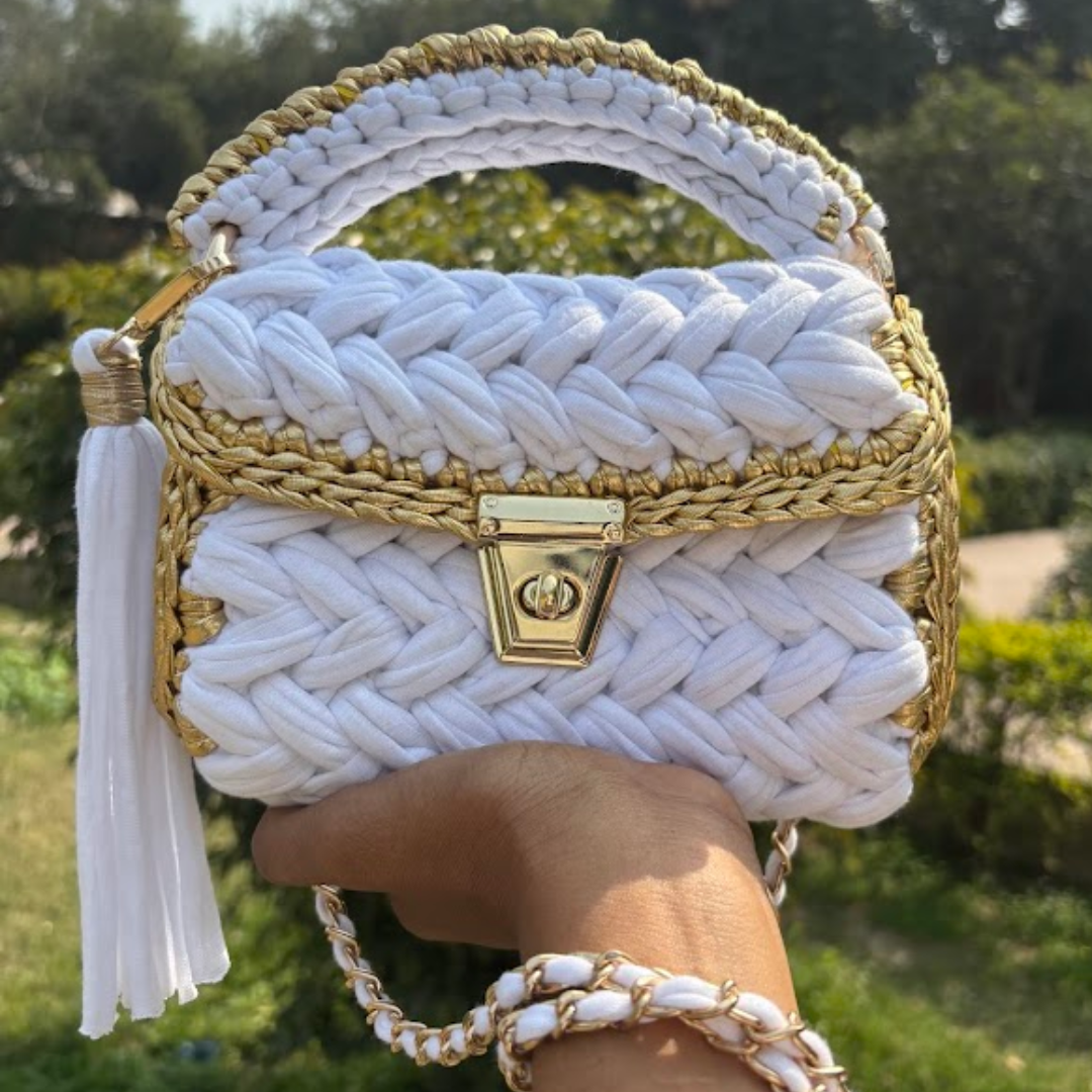 Shiroli Handmade Snow White Crochet Bag with Metallic Gold Border Sling bag- Image 1