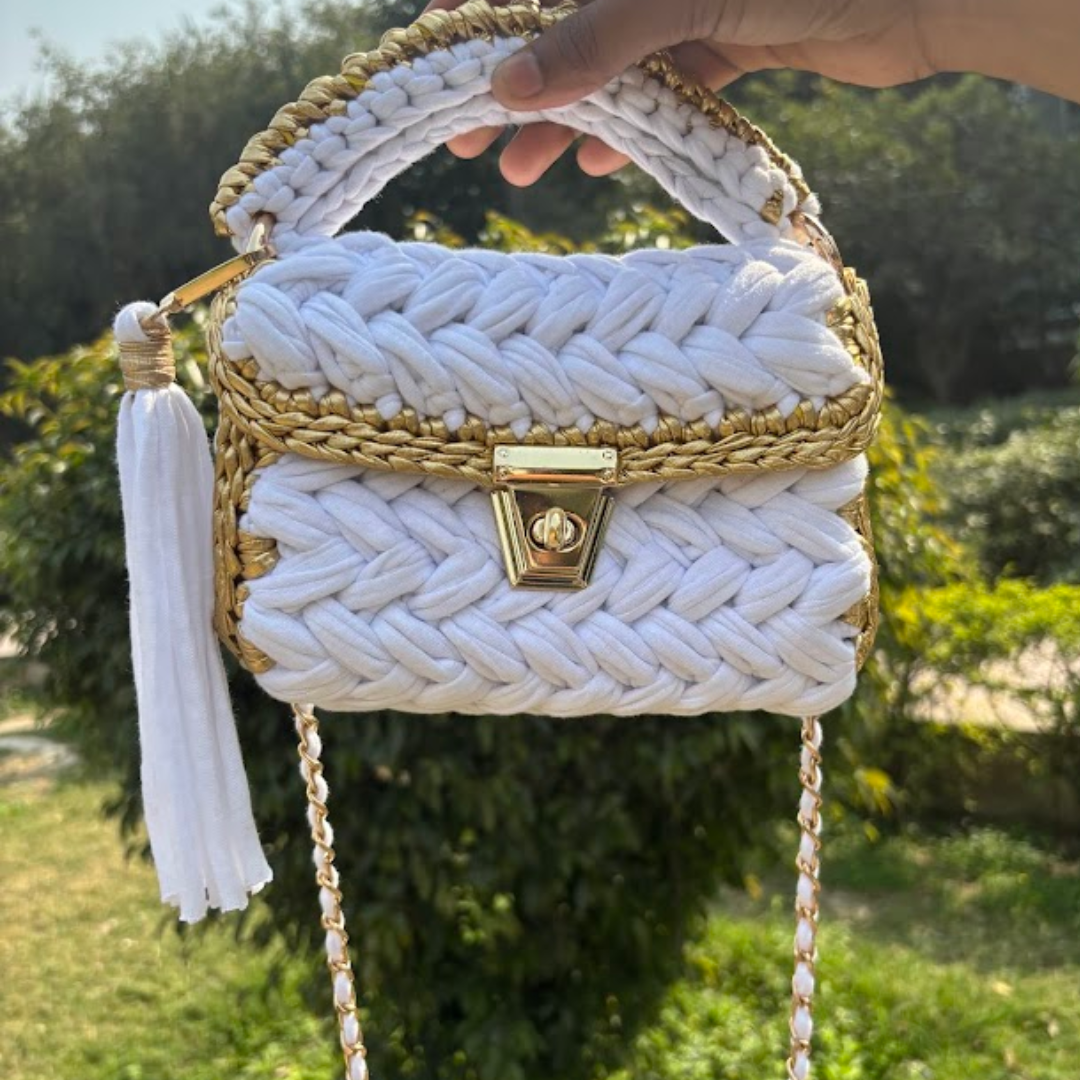 Shiroli Handmade Snow White Crochet Bag with Metallic Gold Border Sling bag- Image 4