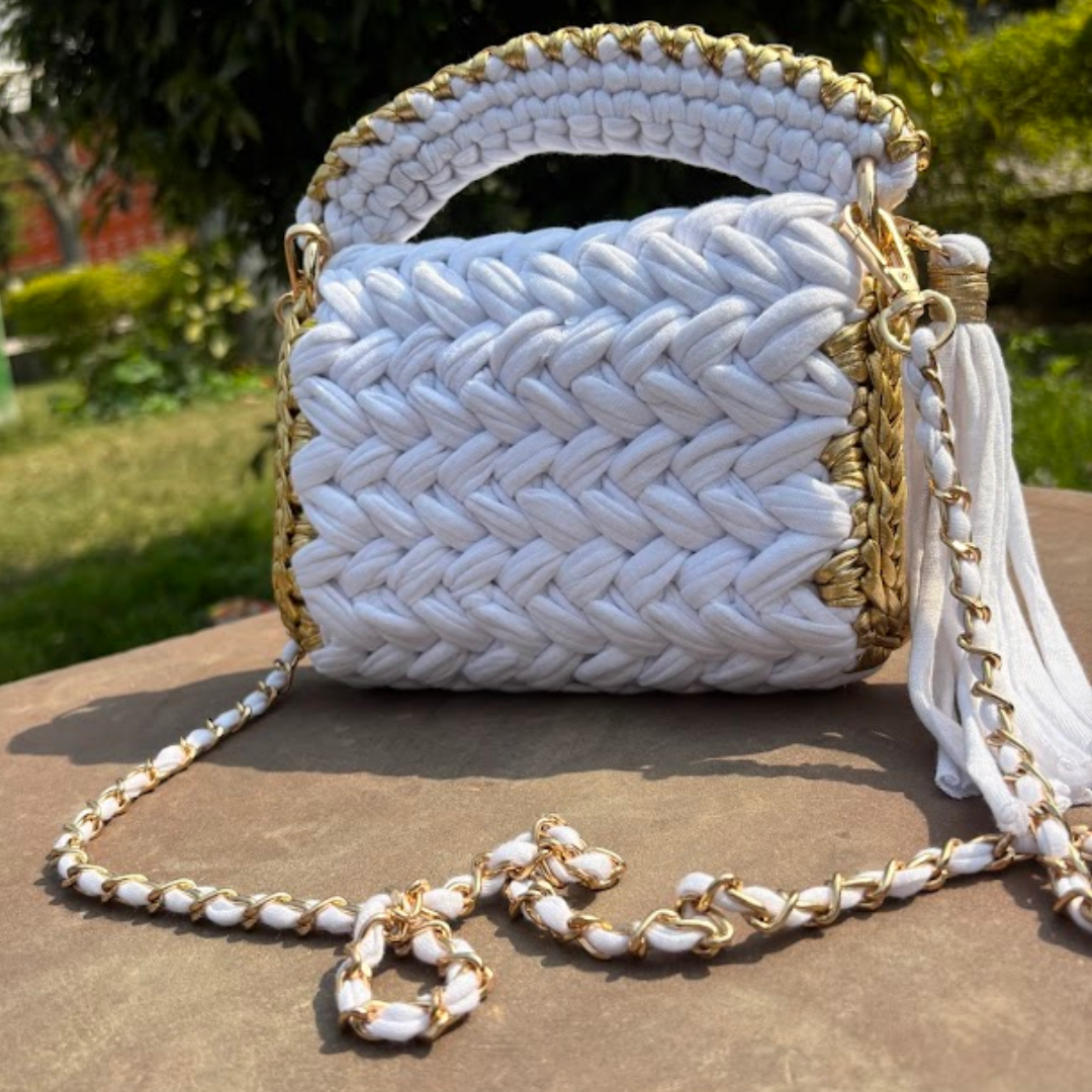 Shiroli Handmade Snow White Crochet Bag with Metallic Gold Border Sling bag- Image 5