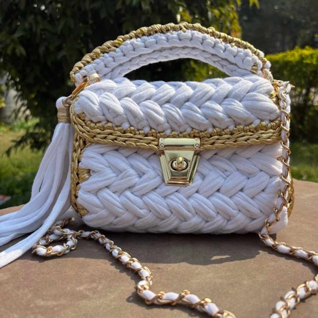 Shiroli Handmade Snow White Crochet Bag with Metallic Gold Border Sling bag- Image 3