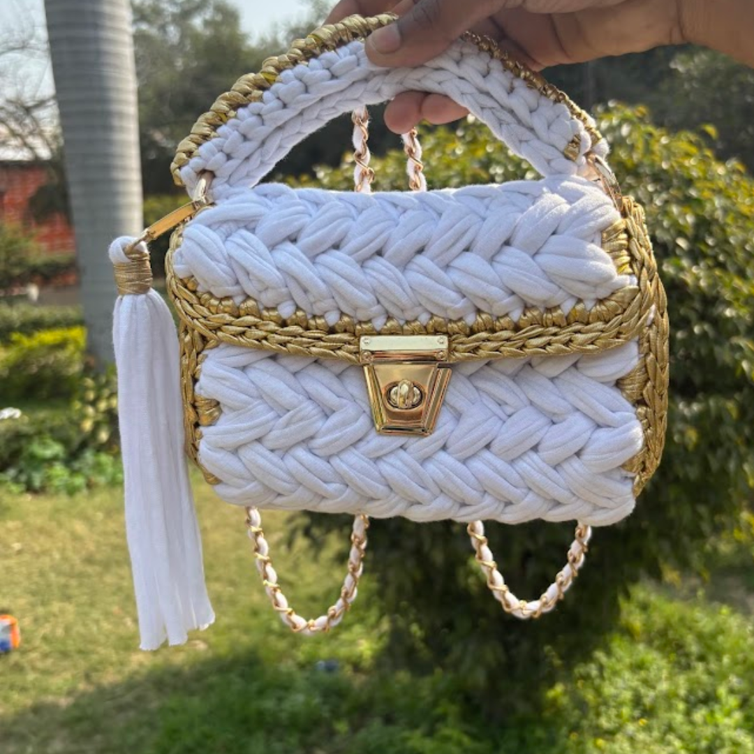 Shiroli Handmade Snow White Crochet Bag with Metallic Gold Border Sling bag- Image 2