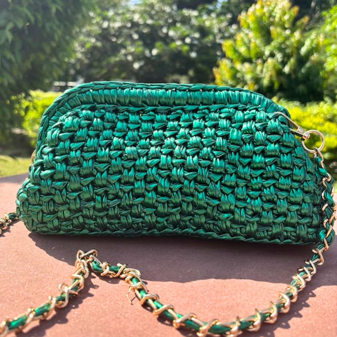 Shiroli Handmade Designer Metallic Emerald Green - Clutch Crochet Bag- Image 8